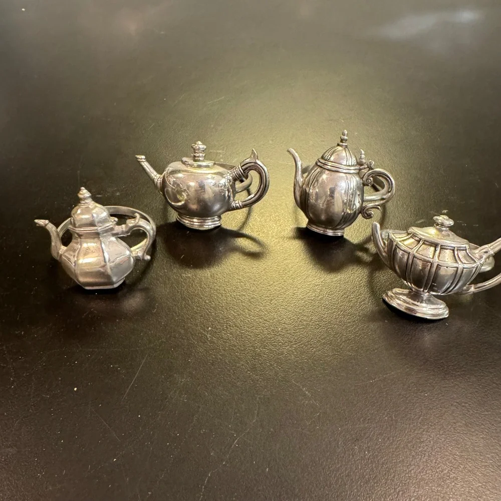 Pewter Teapot Napkin Rings Set of 4 Silver Vintage Style Tea Party Decor